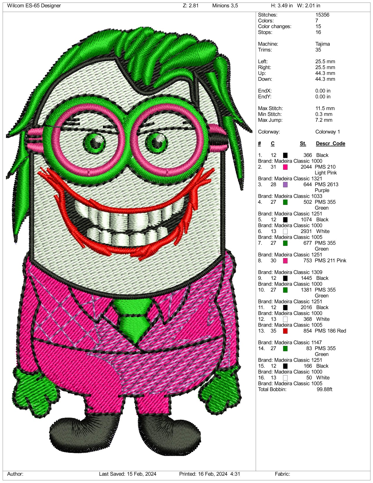 Minion Joker Embroidery Design Files - 3 Size's