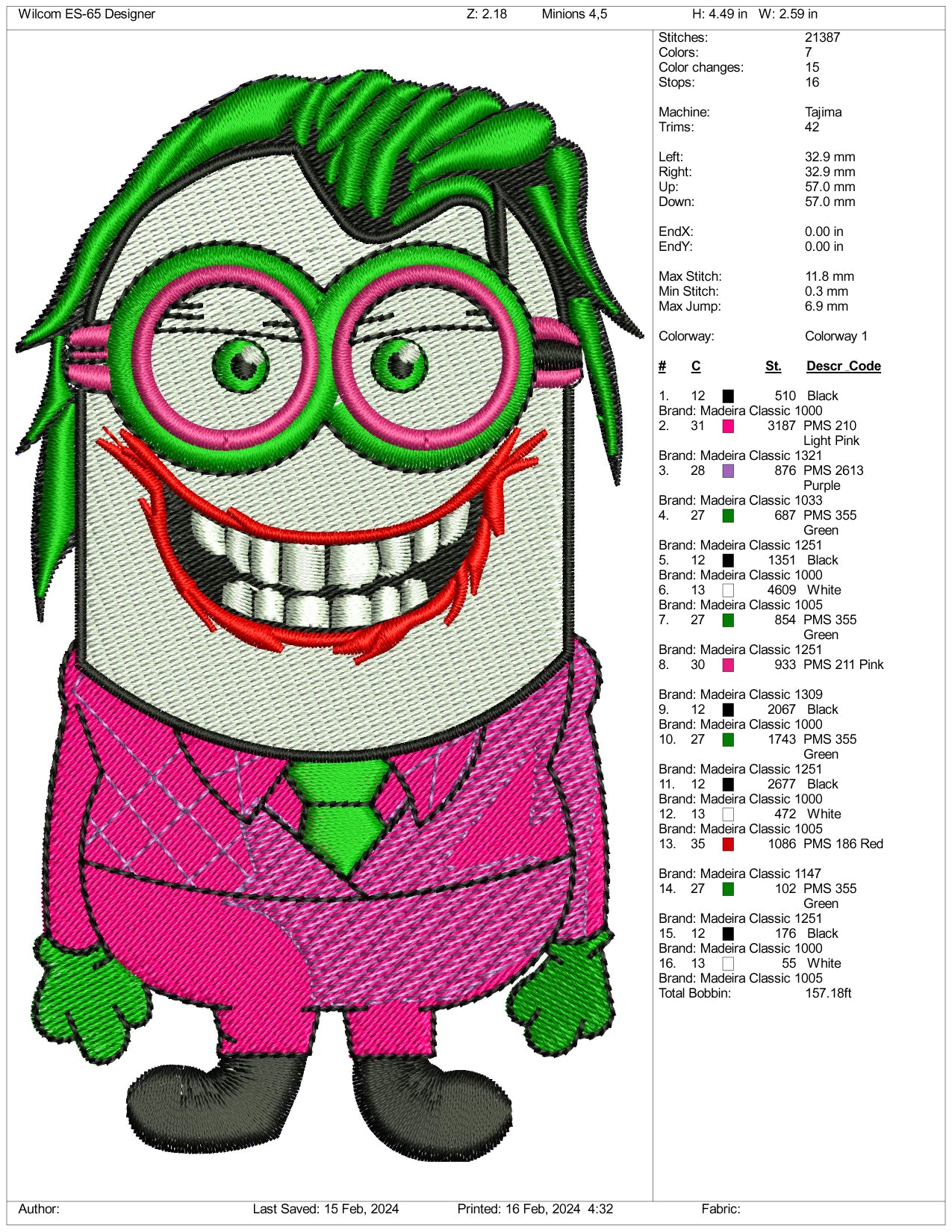 Minion Joker Embroidery Design Files - 3 Size's