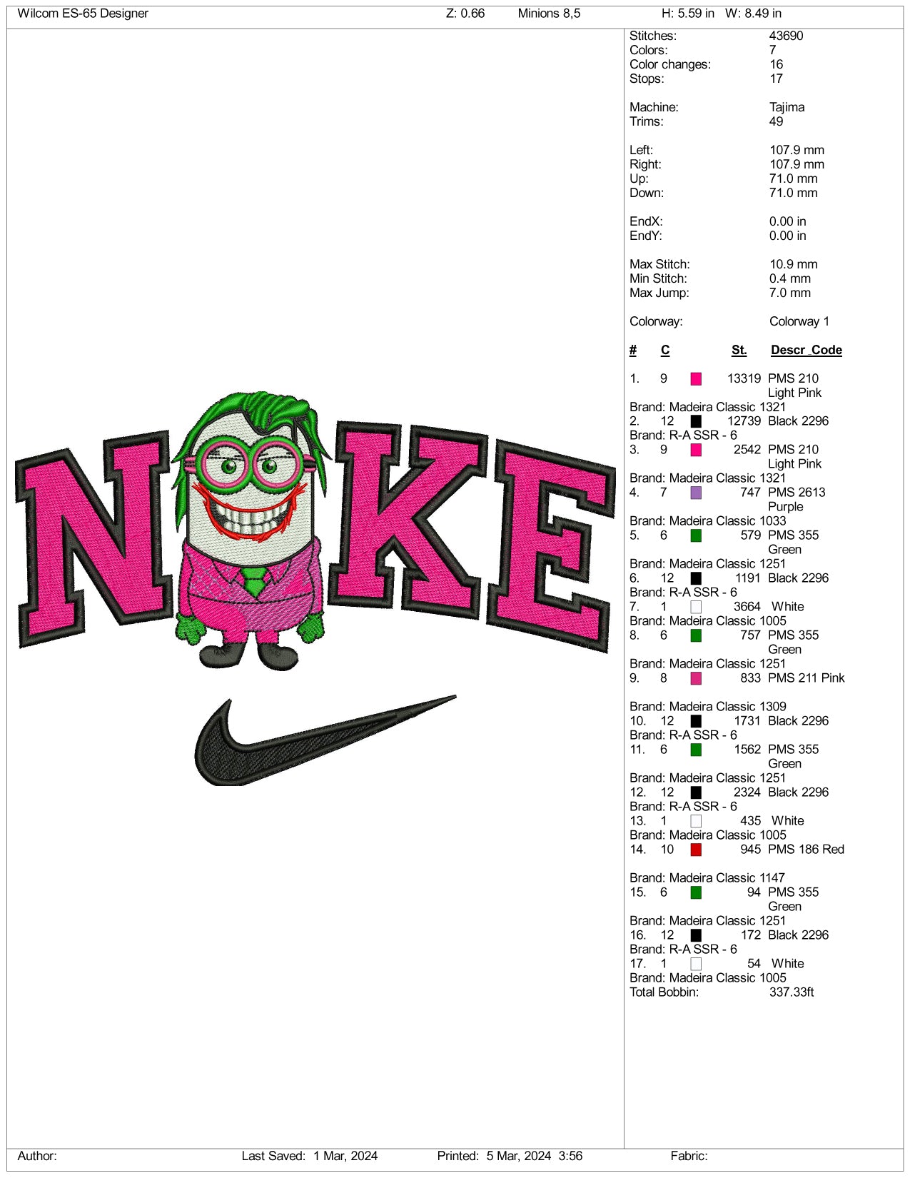 Nike Minion Joker Embroidery Design Files - 3 Size's