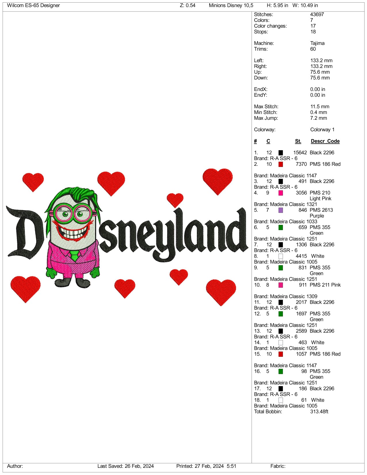 Minion Joker Disneyland Embroidery Design Files - 3 Size's