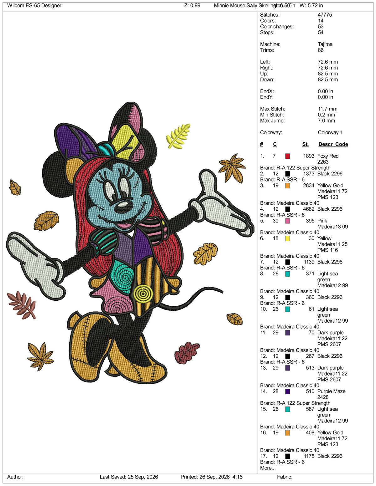 Minnie Mouse Sally Skellington Embroidery Design Files - 3 Size's