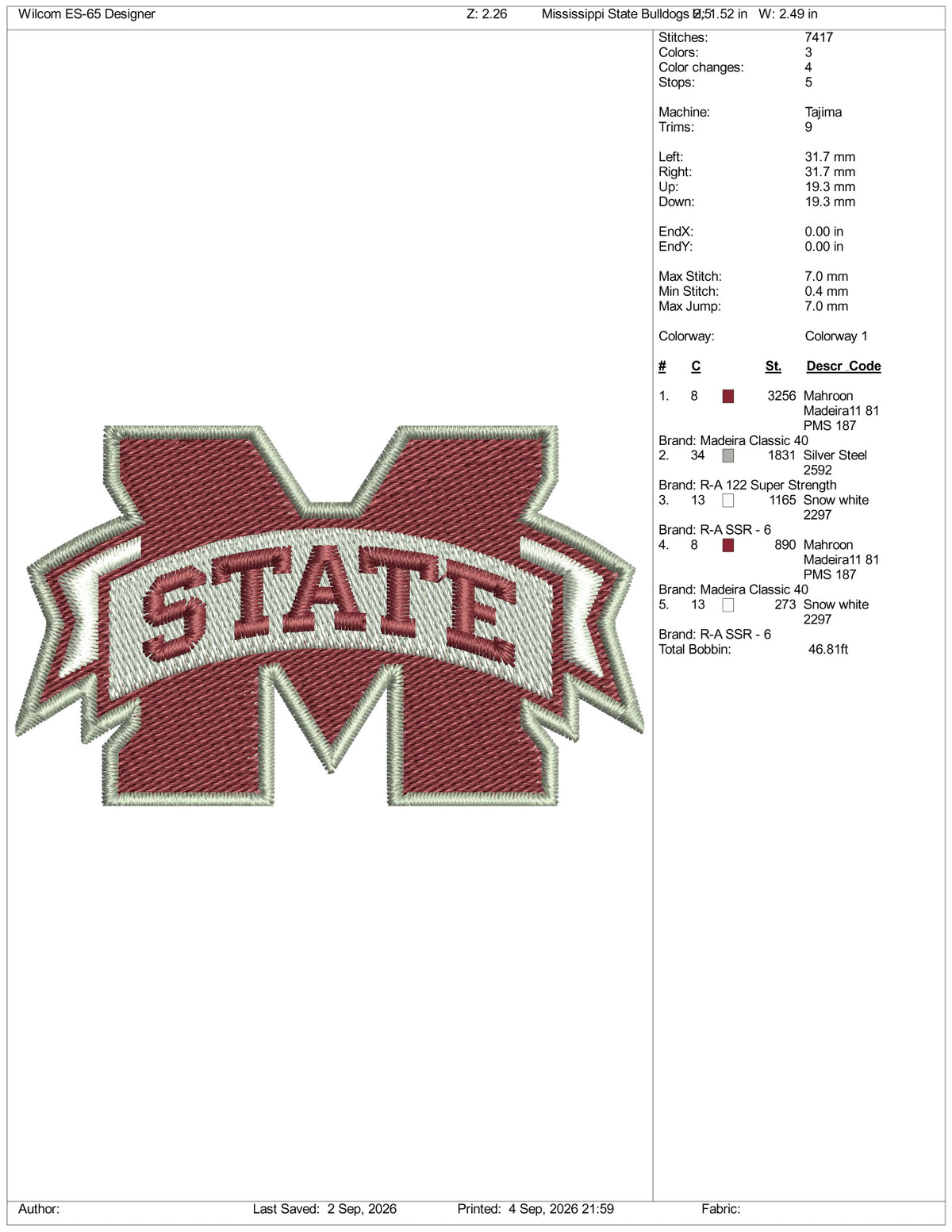 Mississippi State Bulldogs Logo Embroidery Design Files - 3 Size's