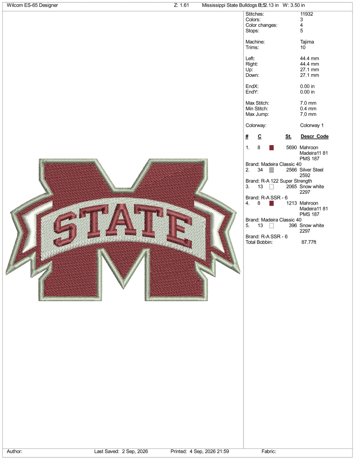 Mississippi State Bulldogs Logo Embroidery Design Files - 3 Size's