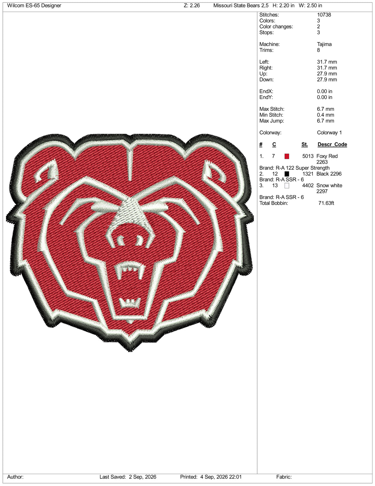 Missouri State Bears Logo Embroidery Design Files - 3 Size's