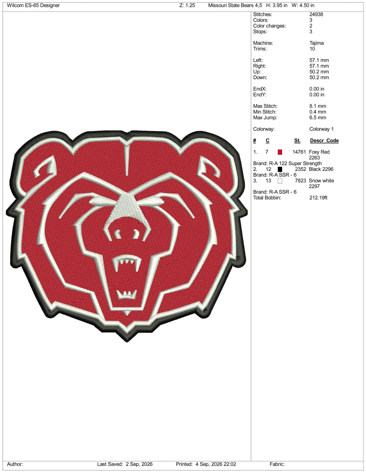 Missouri State Bears Logo Embroidery Design Files - 3 Size's