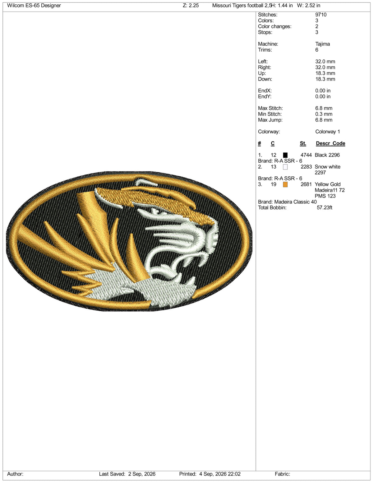 Missouri Tigers Football Logo Embroidery Design Files - 3 Size's