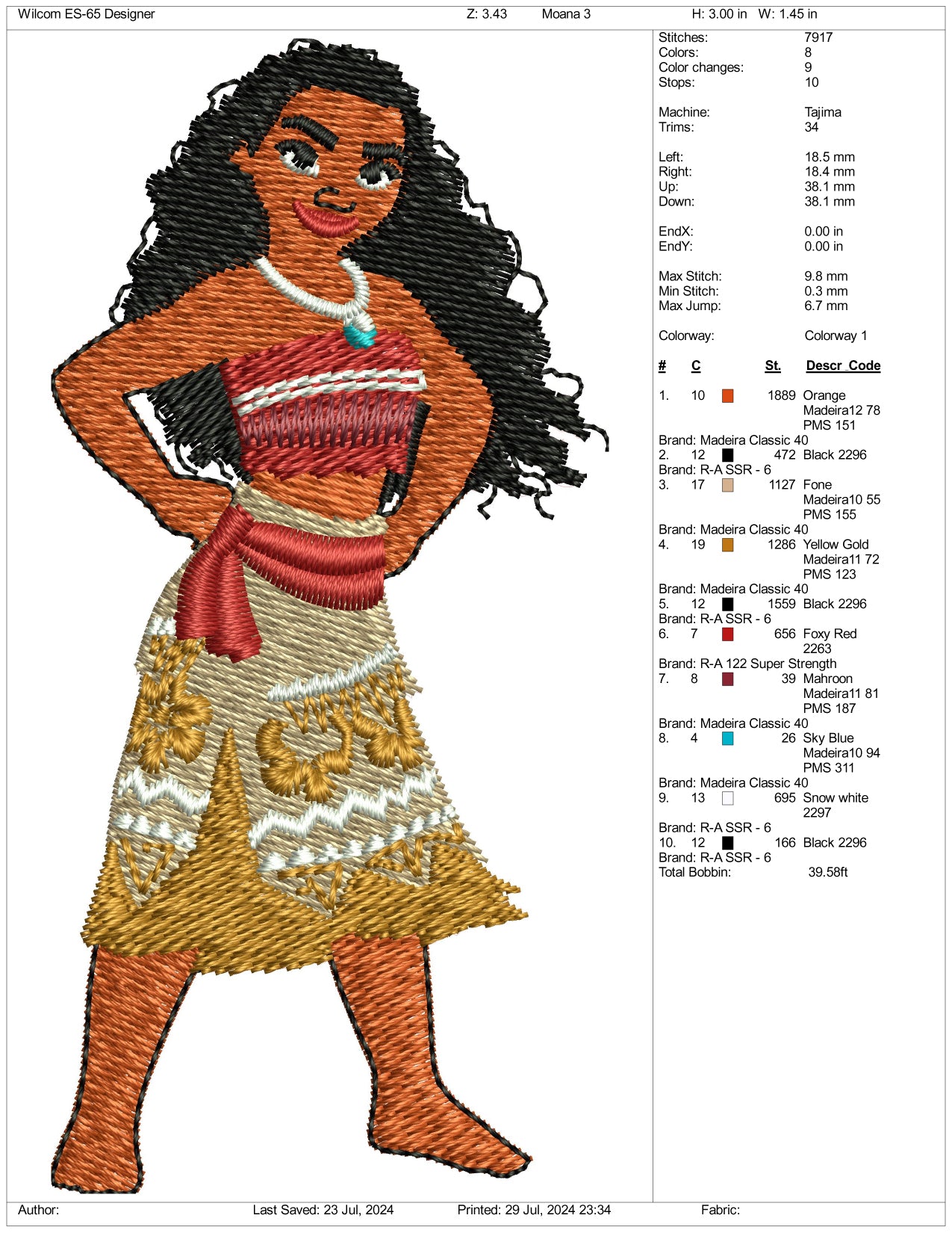 Moana Embroidery Design Files - 3 Size's