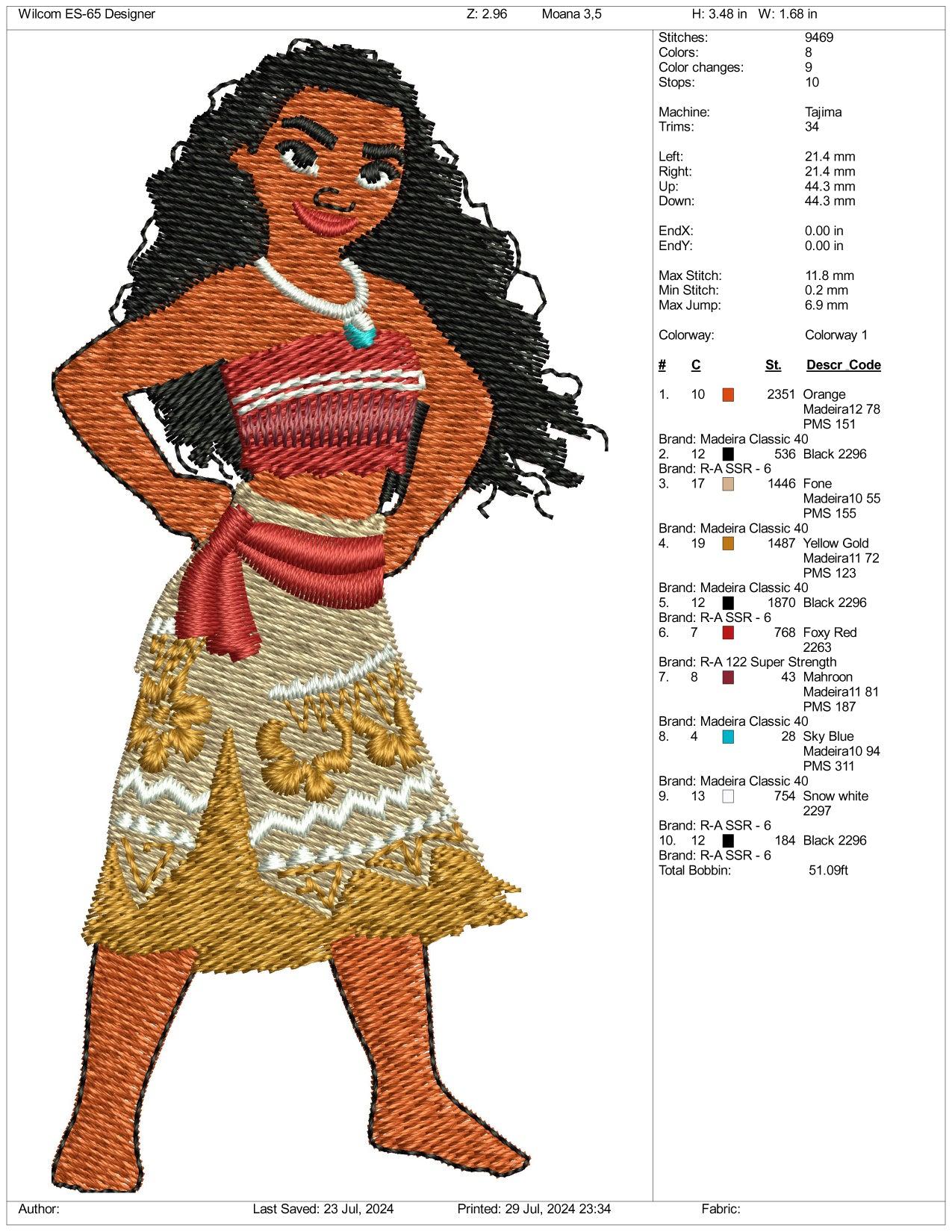 Moana Embroidery Design Files - 3 Size's