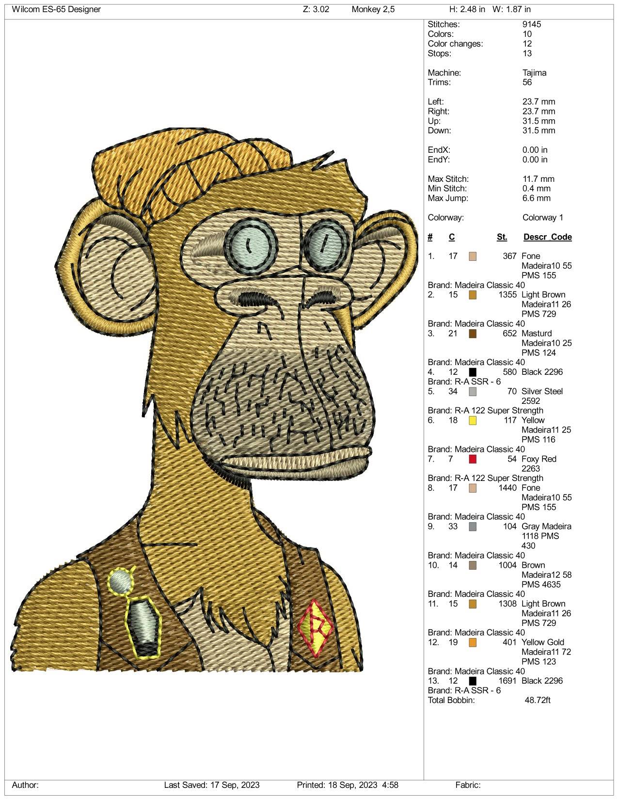 NFT Monkey Embroidery Design Files - 3 Size's