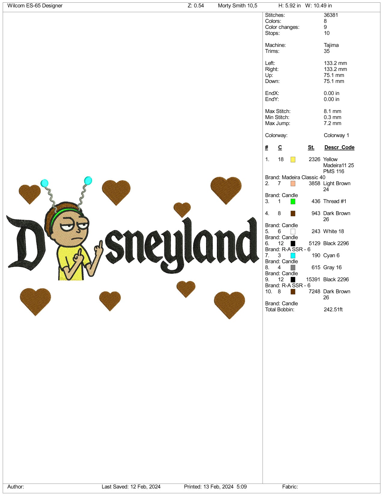 Morty Smith Disneyland Embroidery Design Files - 3 Size's