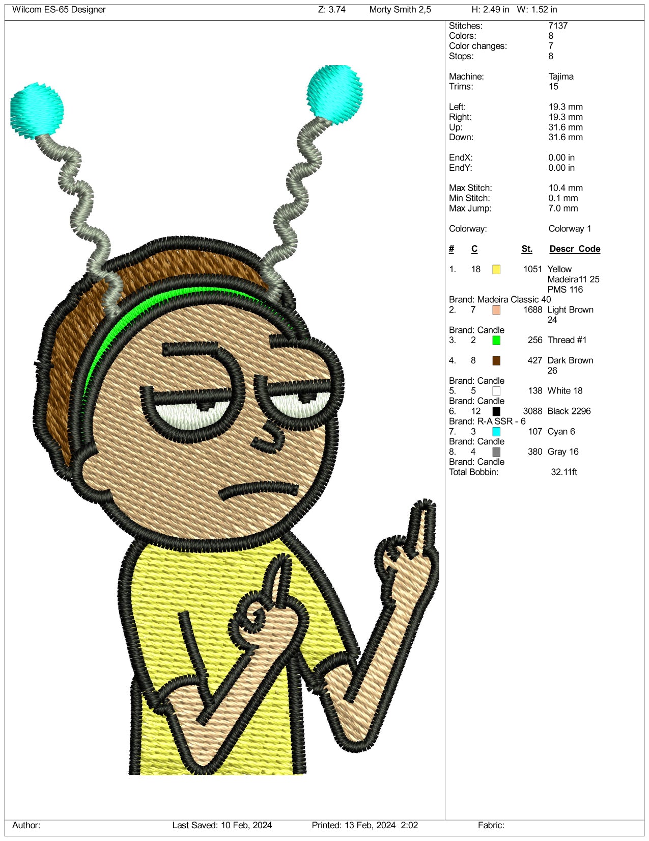 Morty Smith Embroidery Design Files - 3 Size's