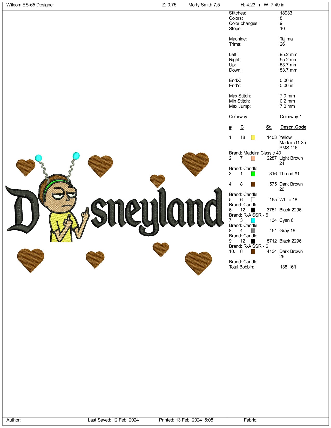 Morty Smith Disneyland Embroidery Design Files - 3 Size's