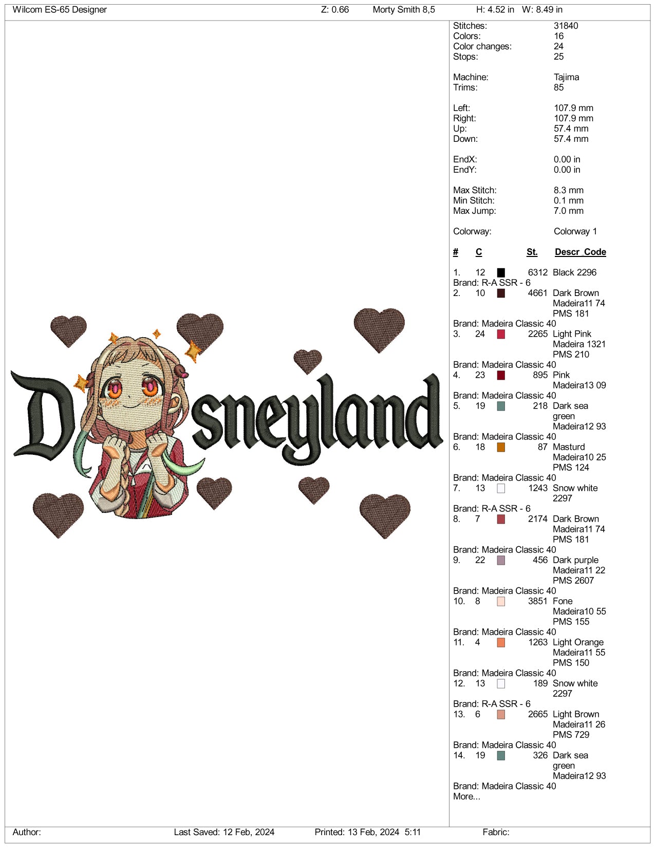 Yashiro Nene v2 Disneyland Embroidery Design Files - 3 Size's