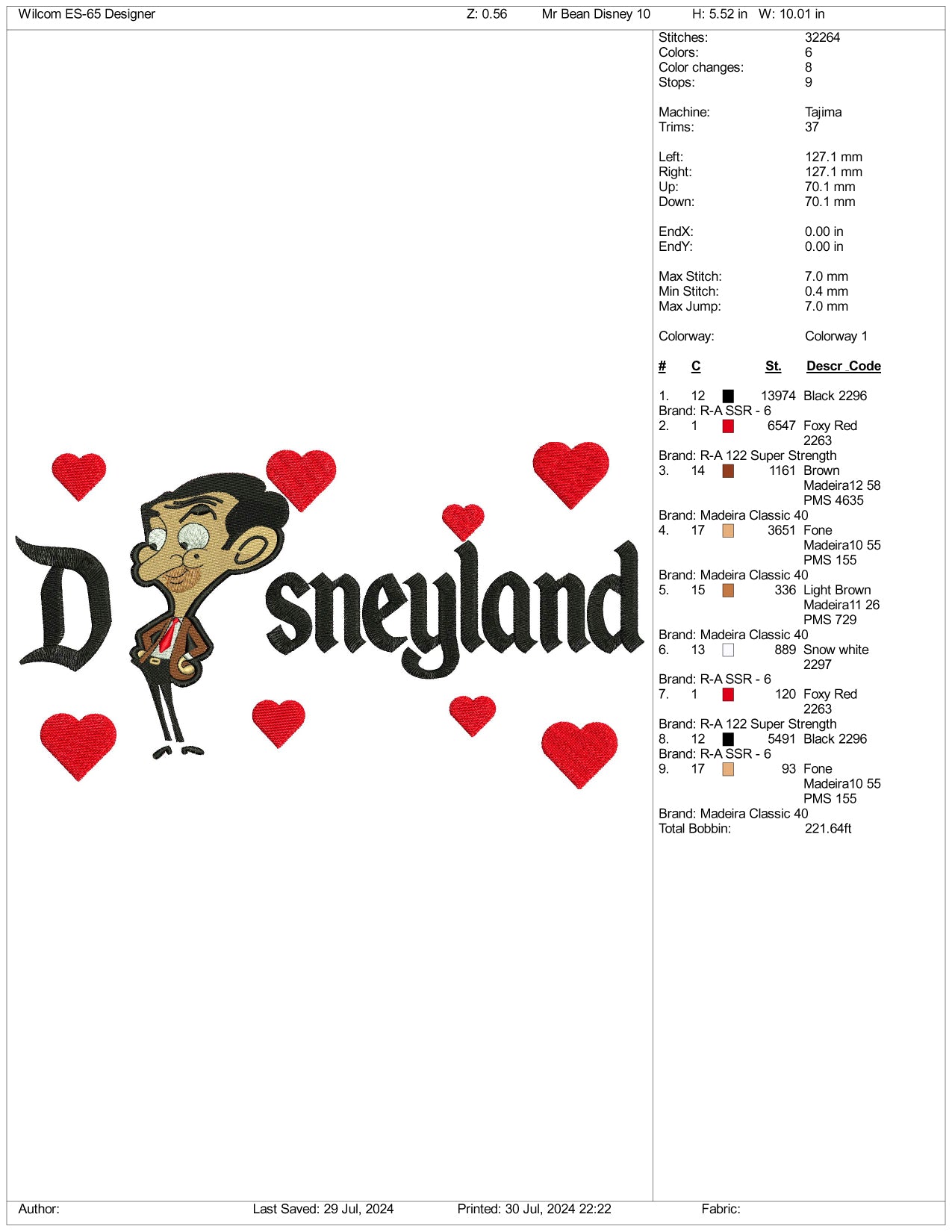 Junior Mr Bean Disneyland Embroidery Design Files - 3 Size's