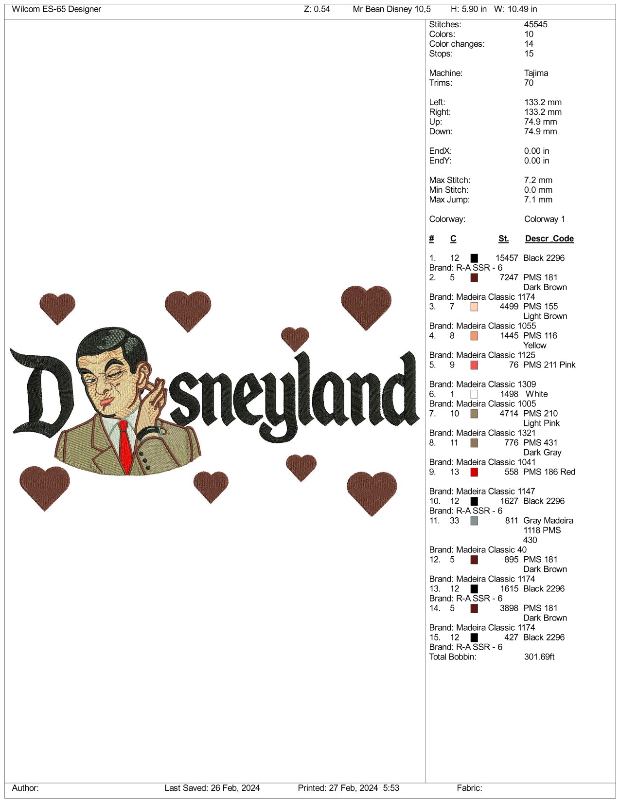 Mr Bean Disneyland Embroidery Design Files - 3 Size's