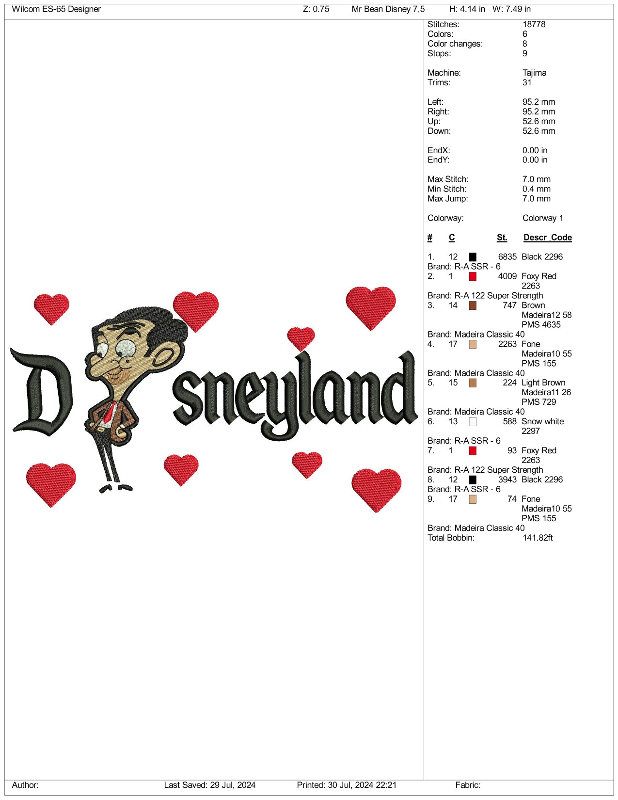 Junior Mr Bean Disneyland Embroidery Design Files - 3 Size's