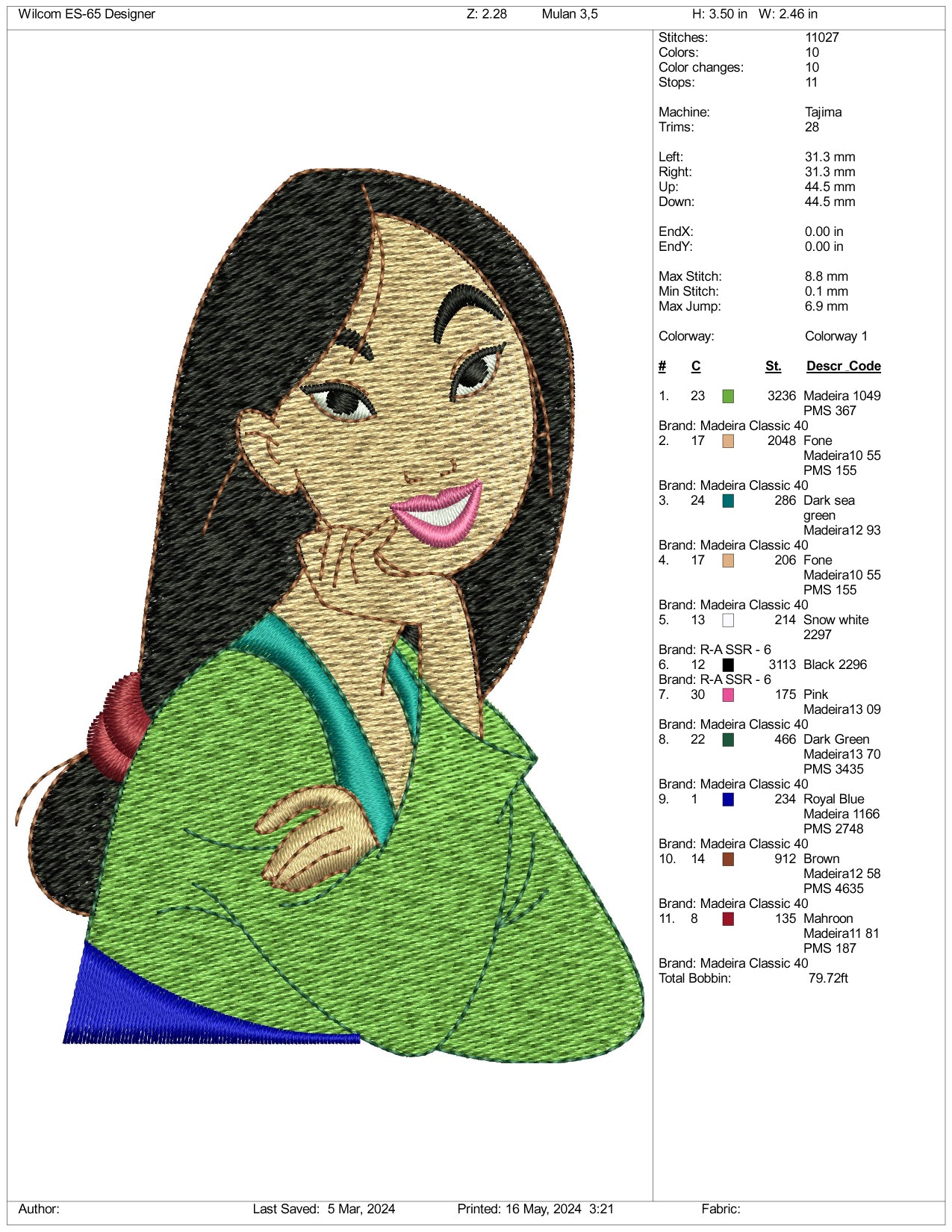 Mulan Embroidery Design Files - 3 Sizes