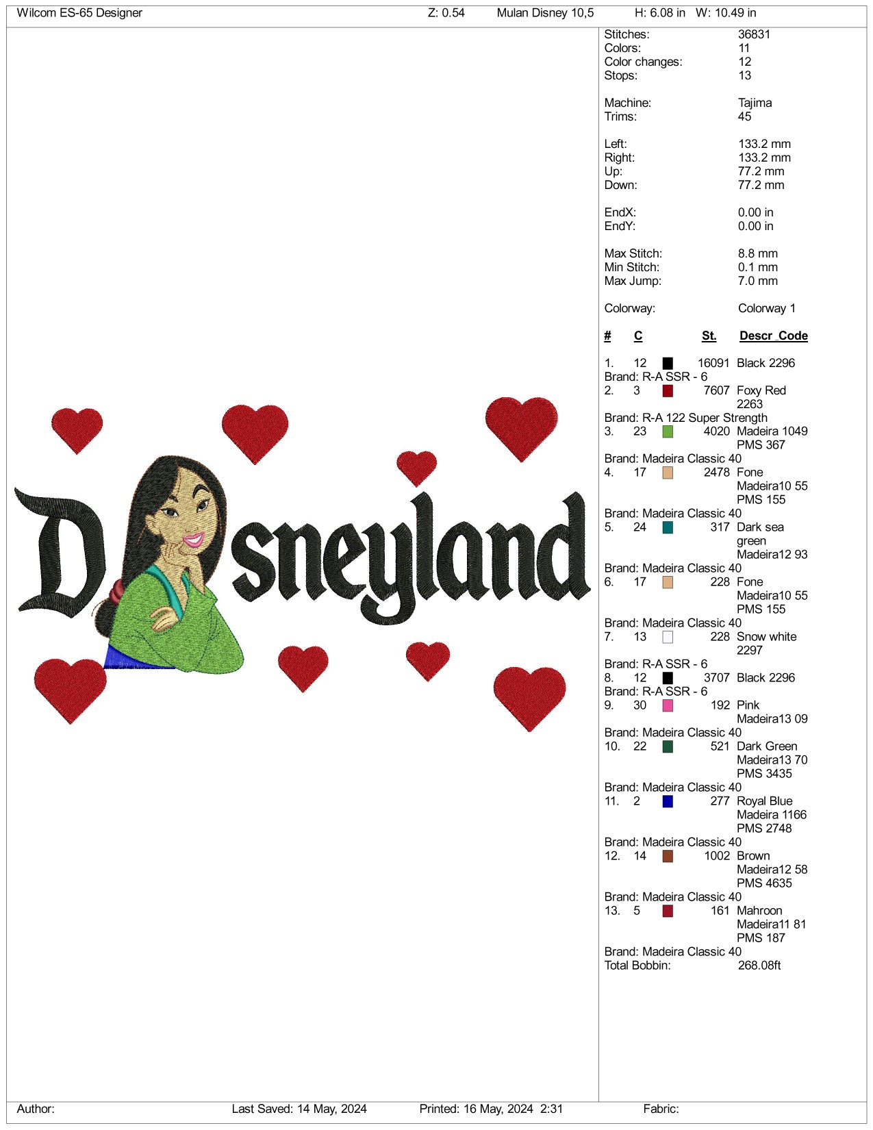 Mulan Disneyland Embroidery Design Files - 3 Sizes