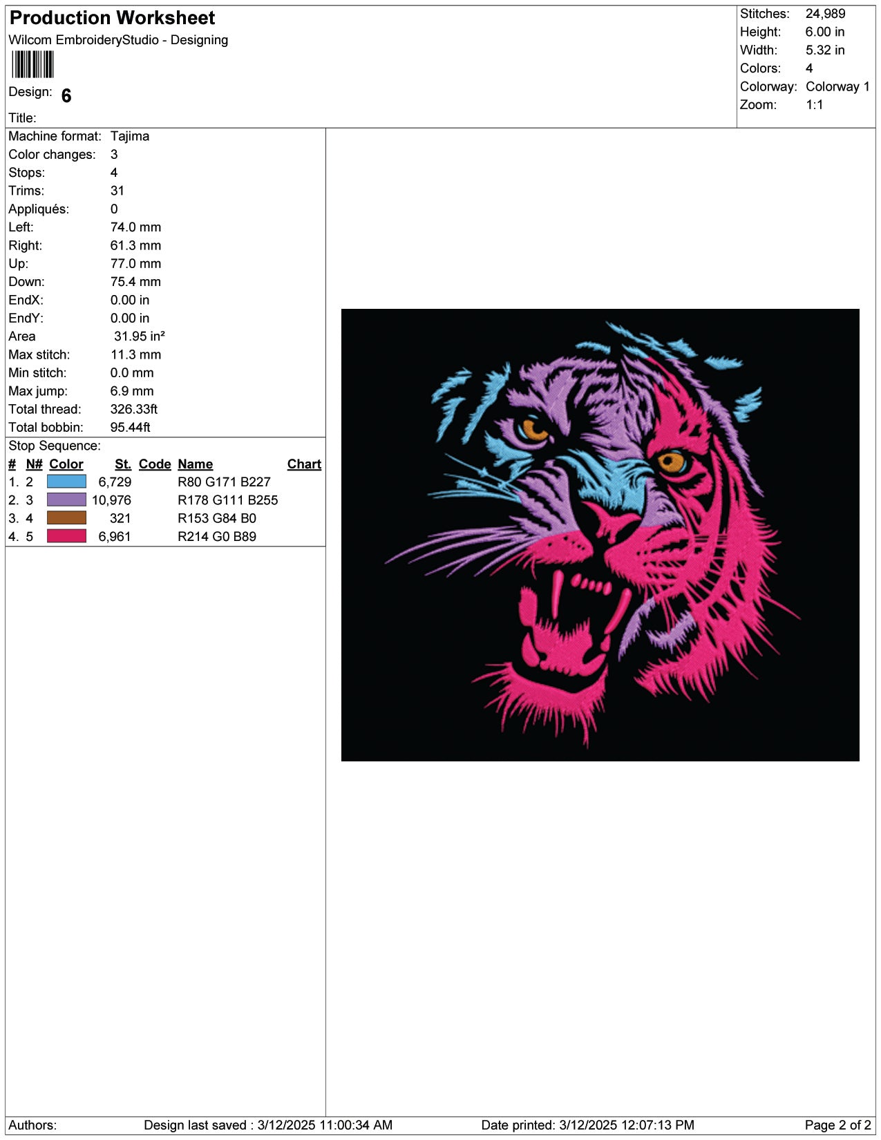 Multicolor Roaring Tiger Embroidery Design Files - 9 Size's