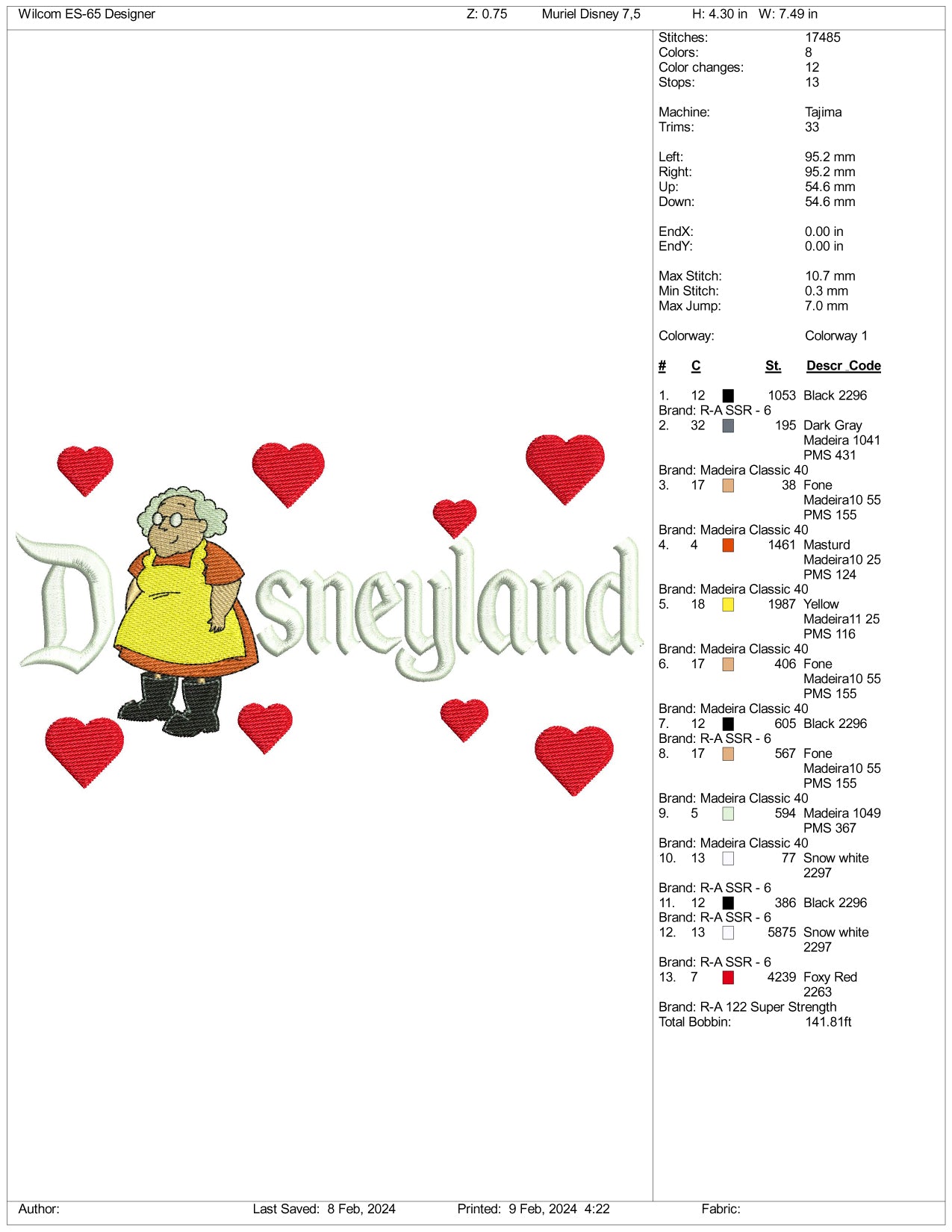 Muriel Disneyland Embroidery Design Files - 3 Size's