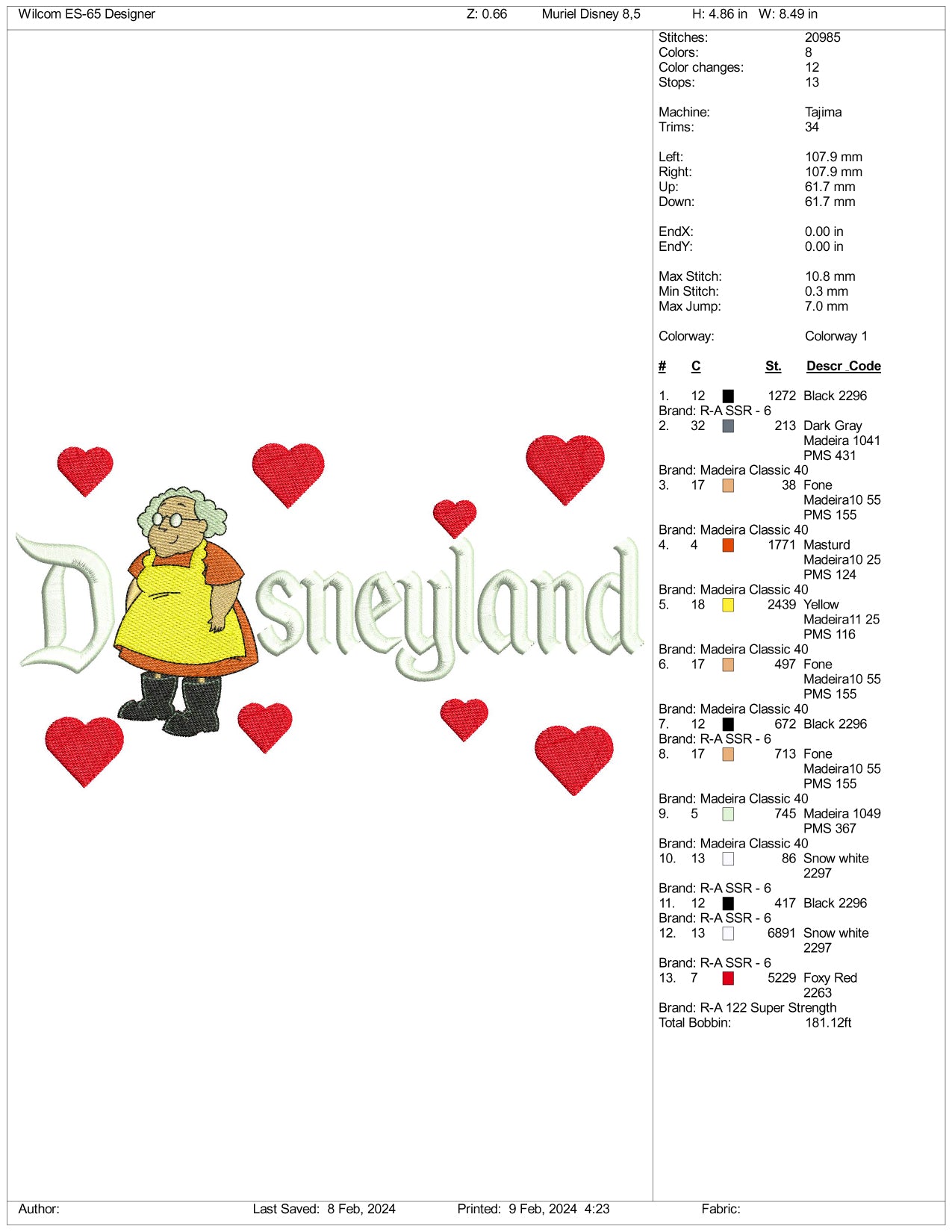 Muriel Disneyland Embroidery Design Files - 3 Size's