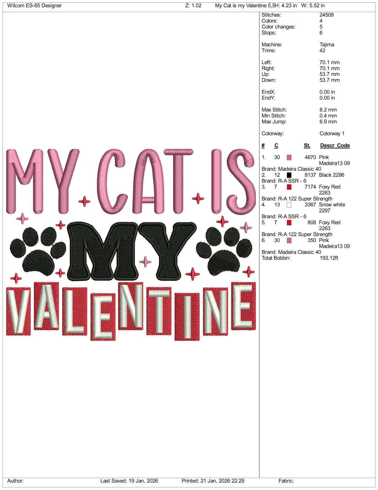 My Cat Is My Valentine Embroidery Design Files - 3 Size's