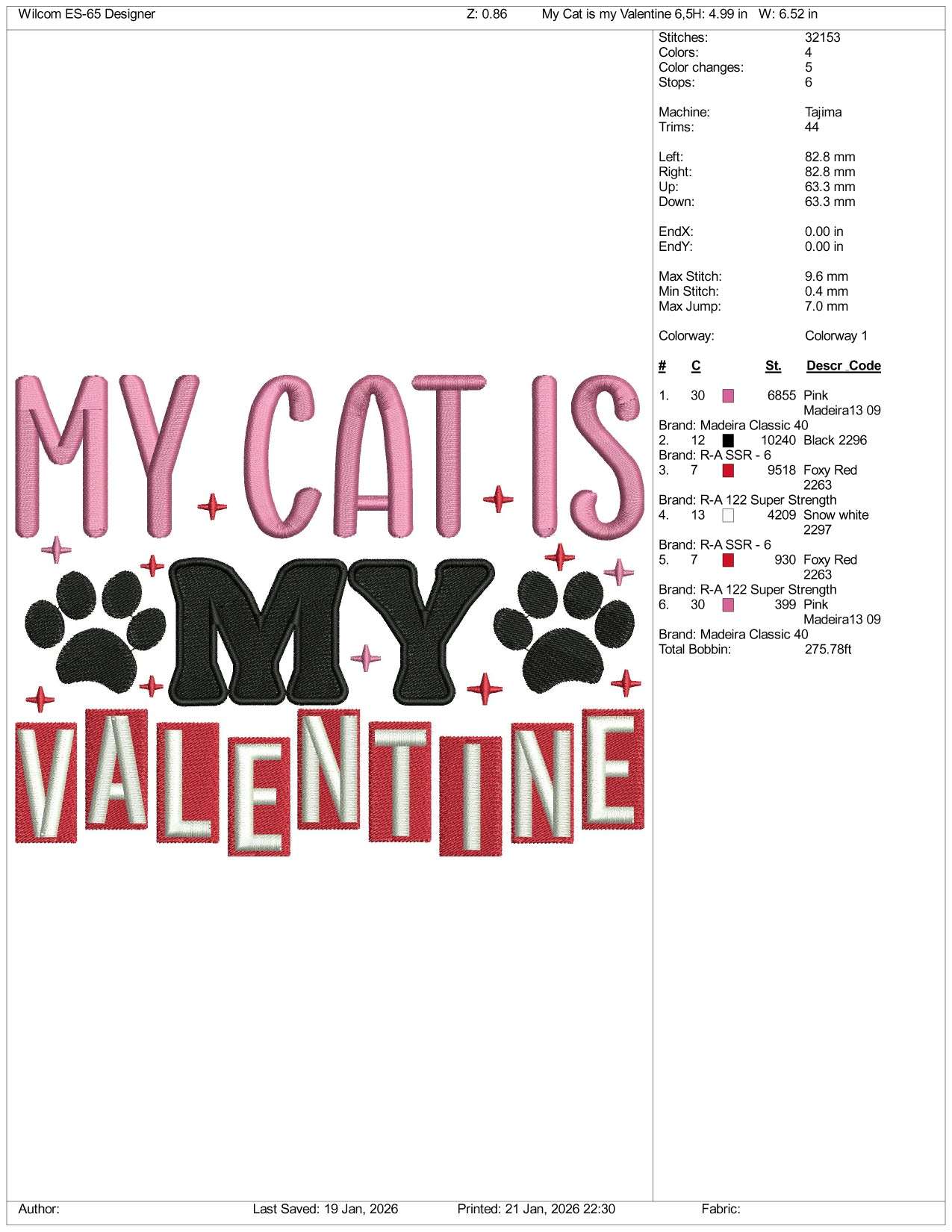 My Cat Is My Valentine Embroidery Design Files - 3 Size's