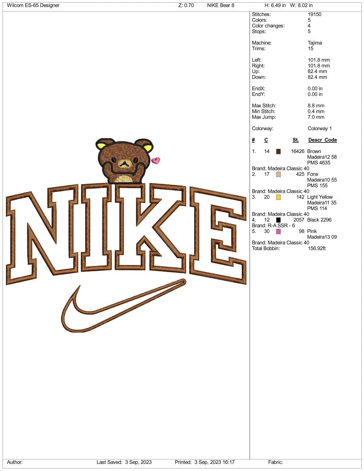 Nike Bear Embroidery Design Files - 3 Size's