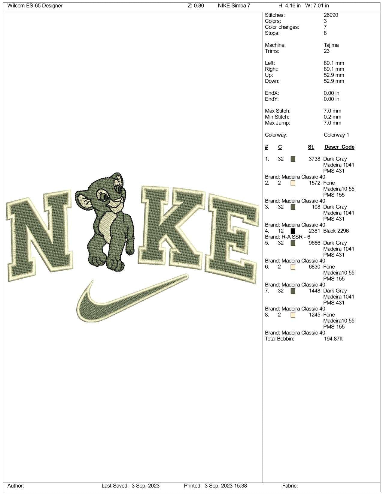 Nike Nala Embroidery Design Files - 3 Size's