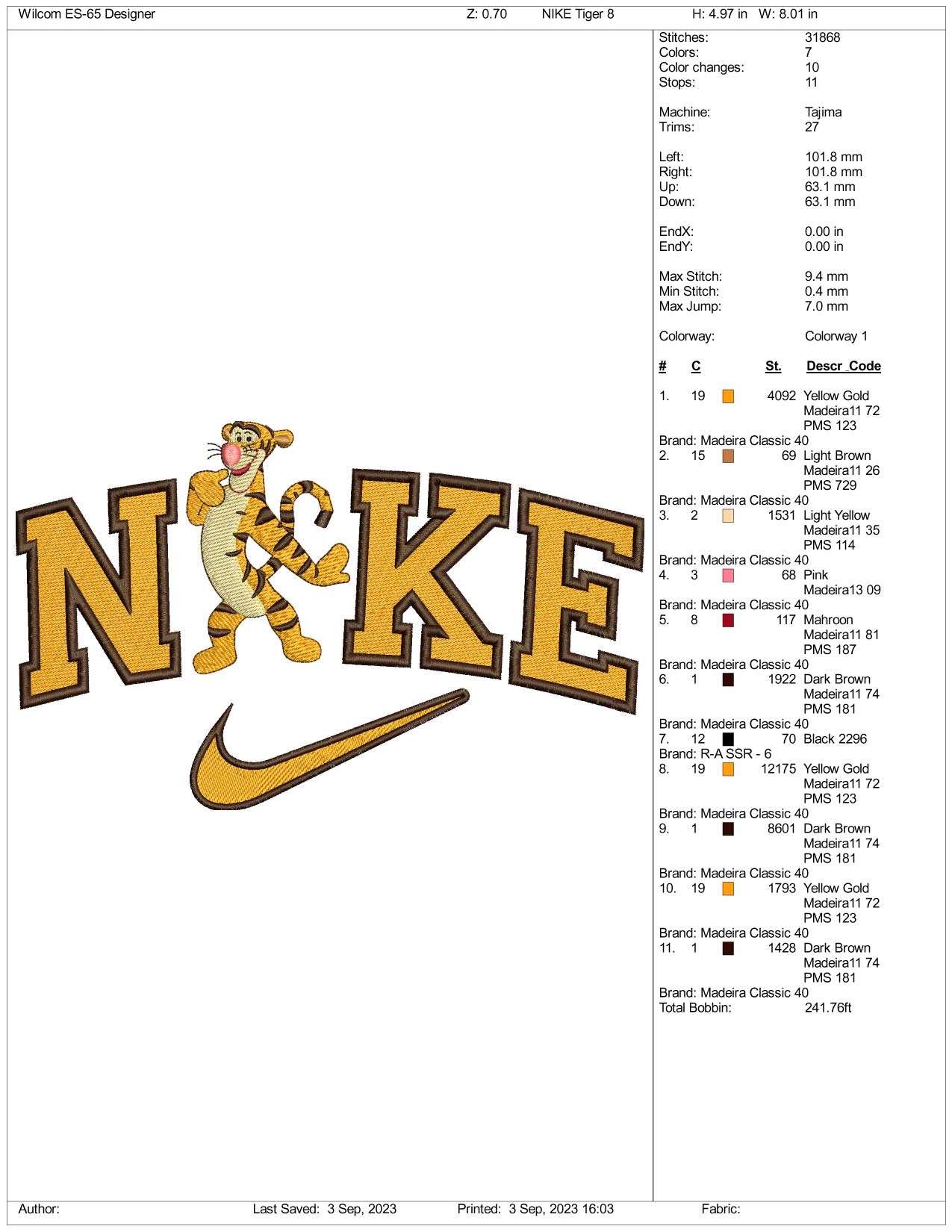 Nike Tiger Embroidery Design Files - 3 Size's