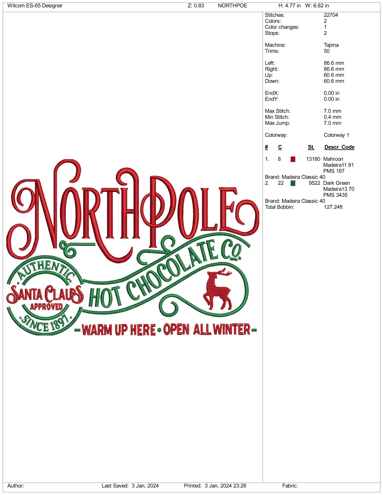 North Pole Embroidery Design Files - 3 Size's