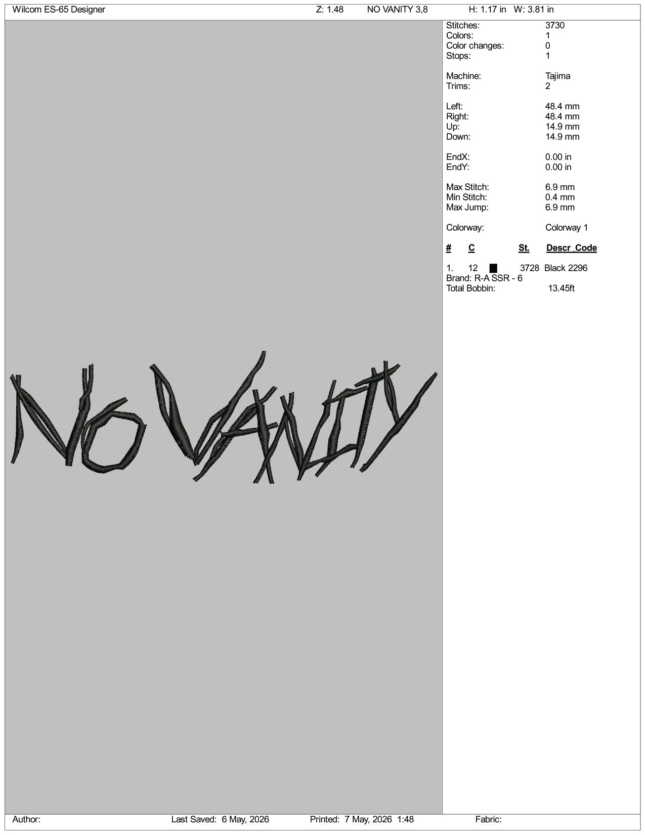 No Vanity Tattoo Embroidery Design Files - 3 Size's