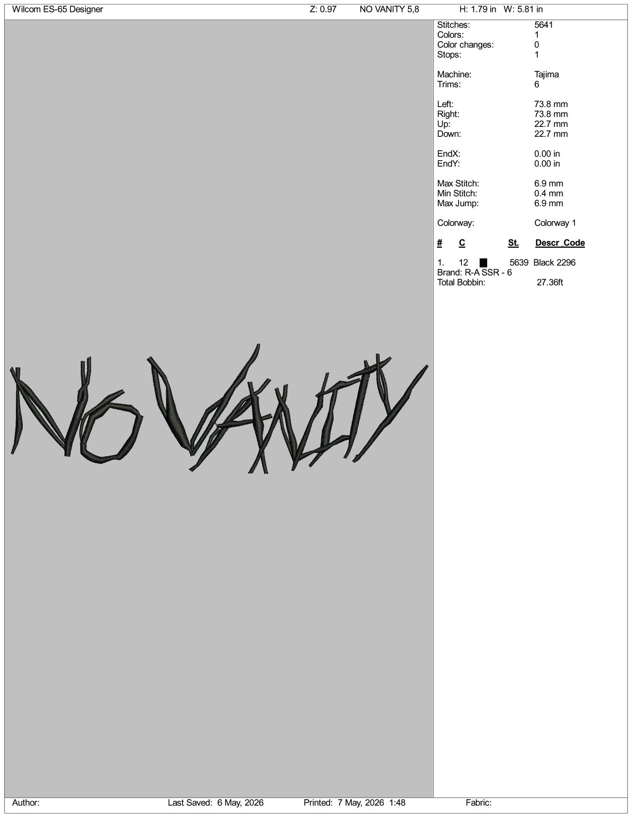 No Vanity Tattoo Embroidery Design Files - 3 Size's