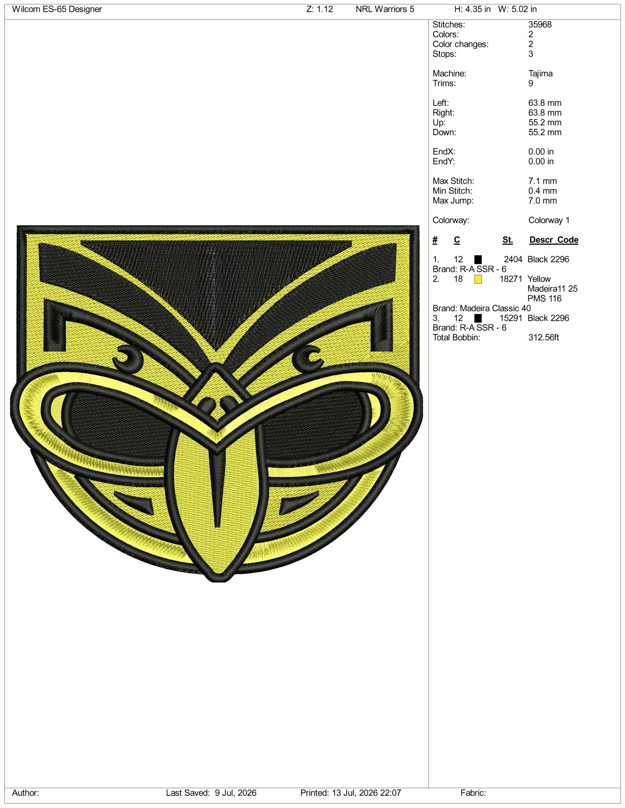 NRL Warriors Logo Embroidery Design Files - 3 Size's