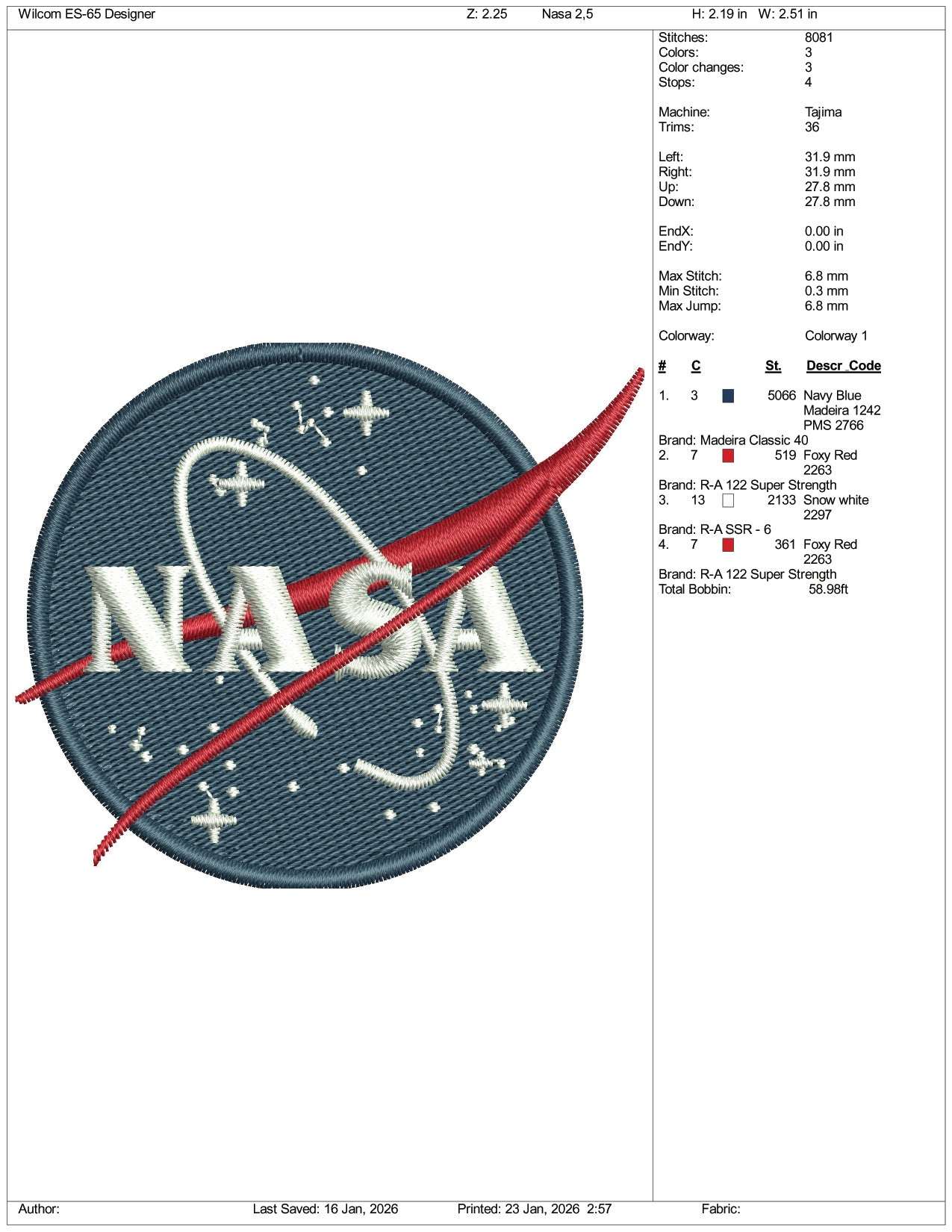 Nasa Logo v2 Embroidery Design Files - 3 Size's