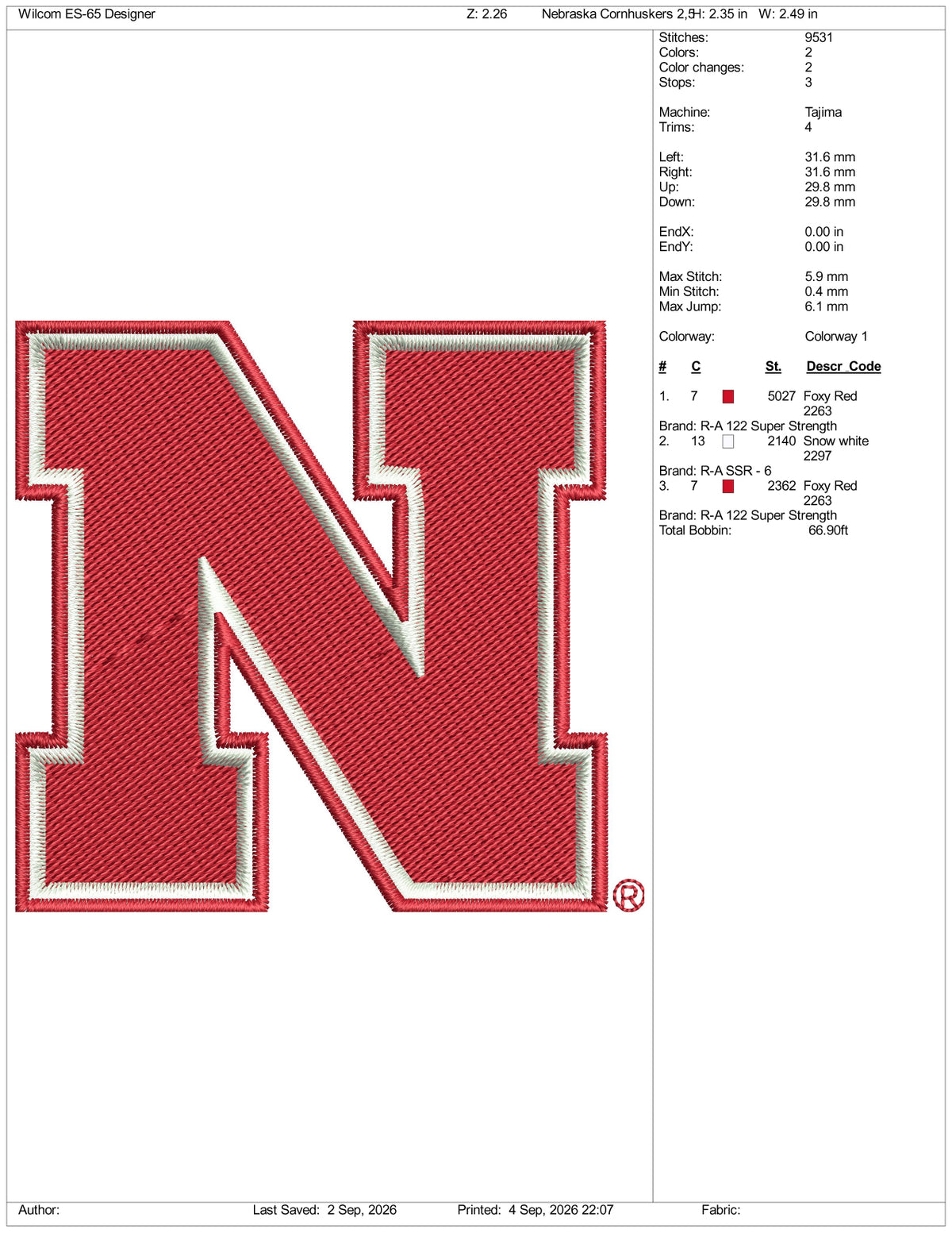 Nebraska Cornhuskers Logo Embroidery Design Files - 3 Size's