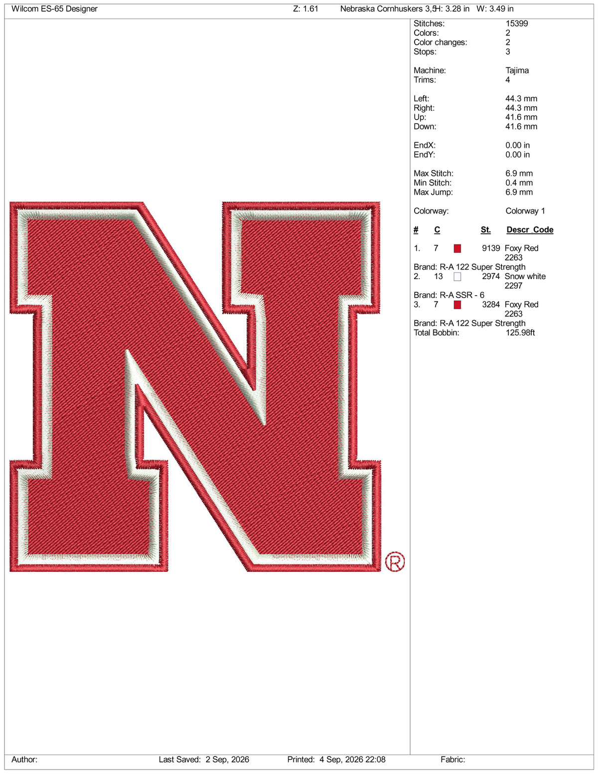 Nebraska Cornhuskers Logo Embroidery Design Files - 3 Size's