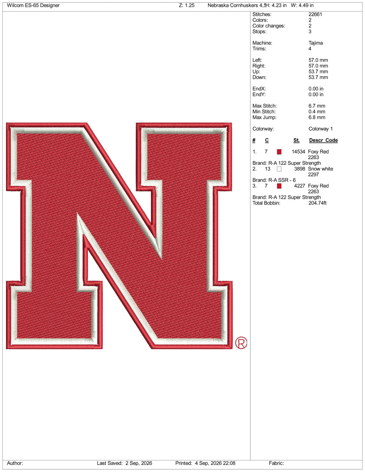 Nebraska Cornhuskers Logo Embroidery Design Files - 3 Size's