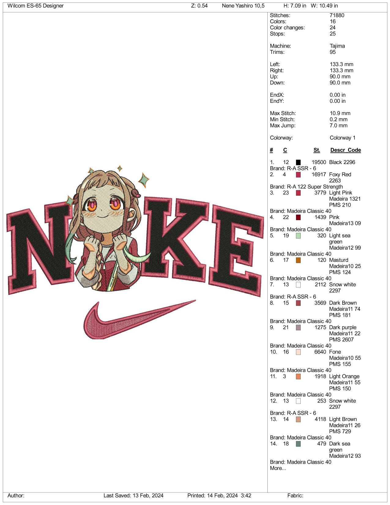 Nike Yashiro Nene v2 Embroidery Design Files - 3 Size's