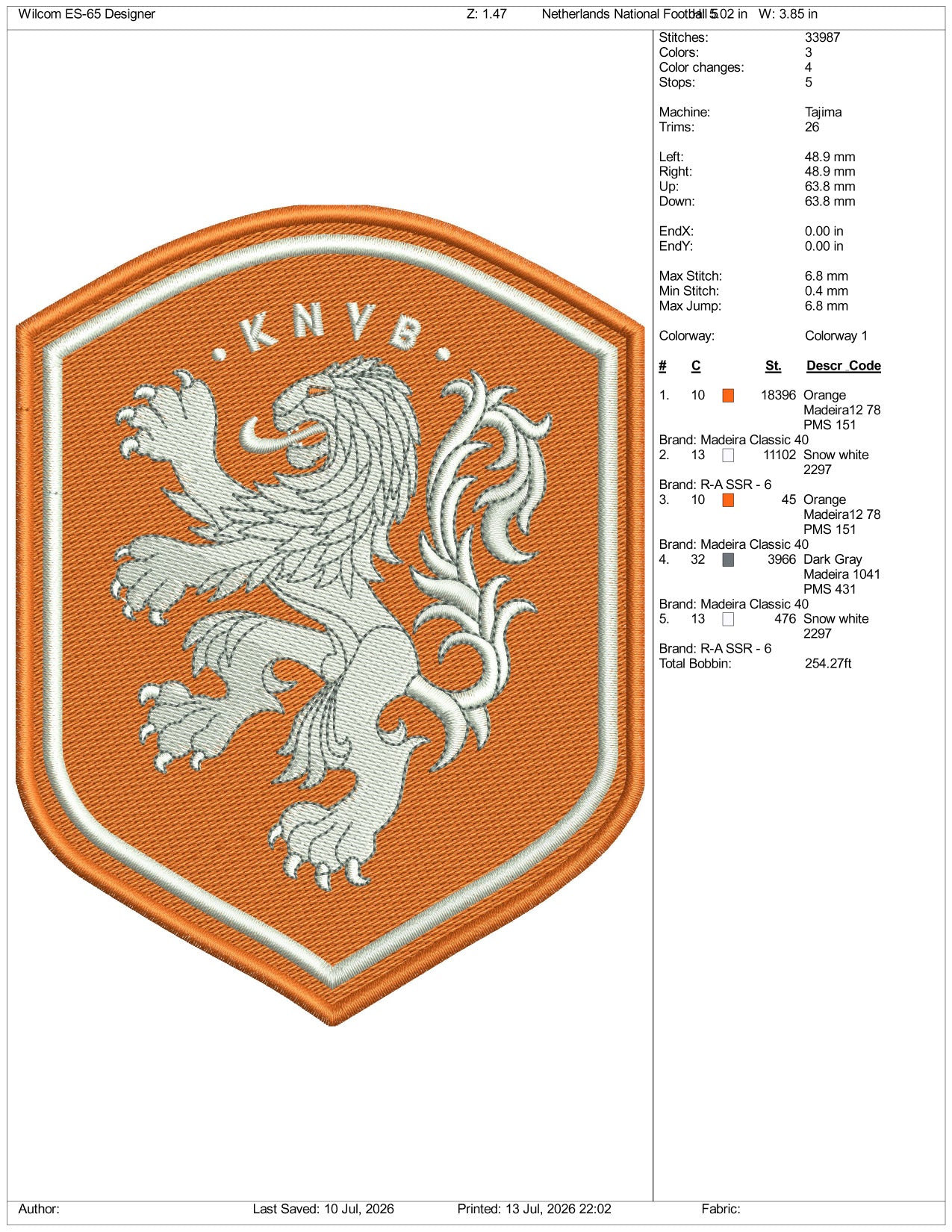 Netherlands National Football Logo Embroidery Design Files - 3 Size's