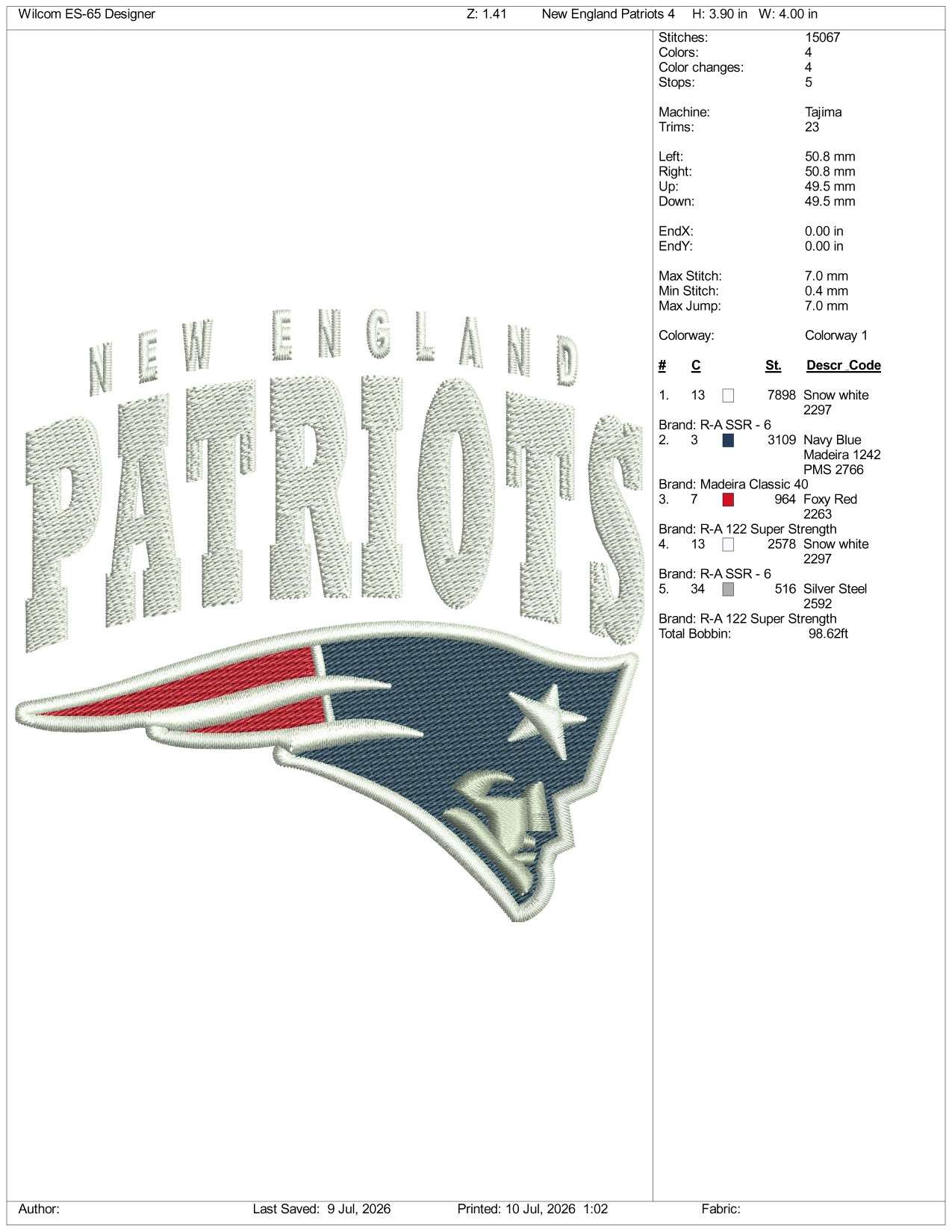 New England Patriots Logo Embroidery Design Files - 3 Size's