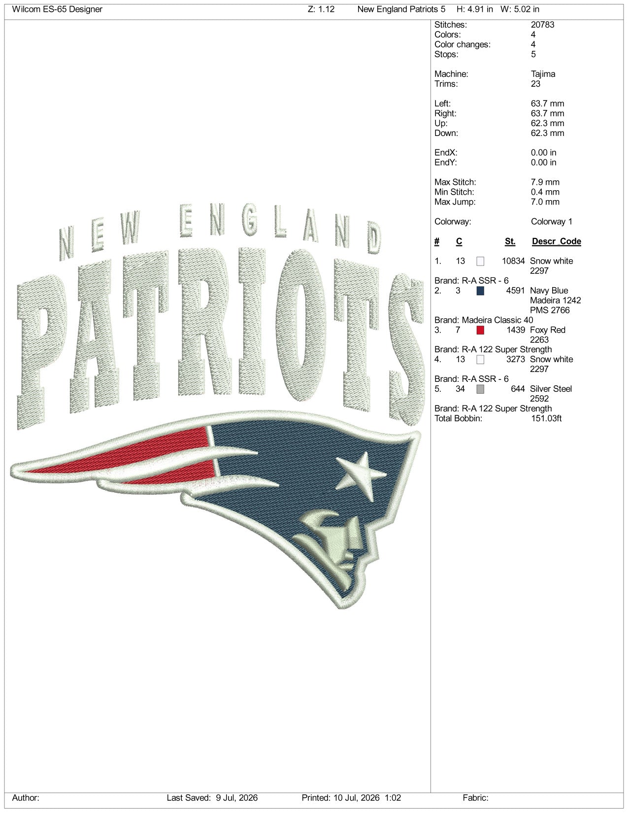 New England Patriots Logo Embroidery Design Files - 3 Size's