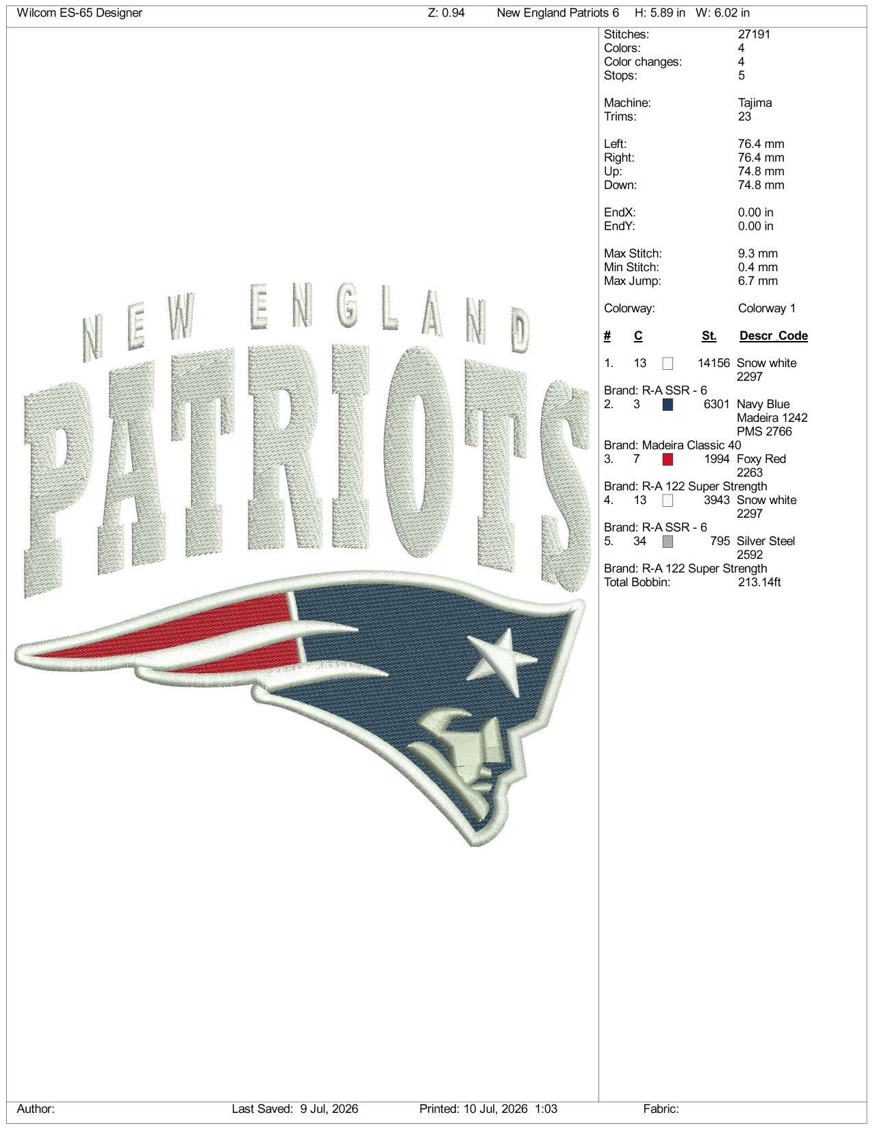 New England Patriots Logo Embroidery Design Files - 3 Size's