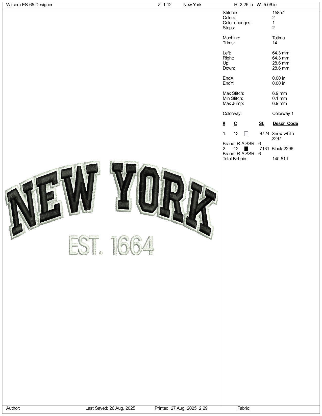 3D New York est 1664 v2 Embroidery Design Files - 1 Size