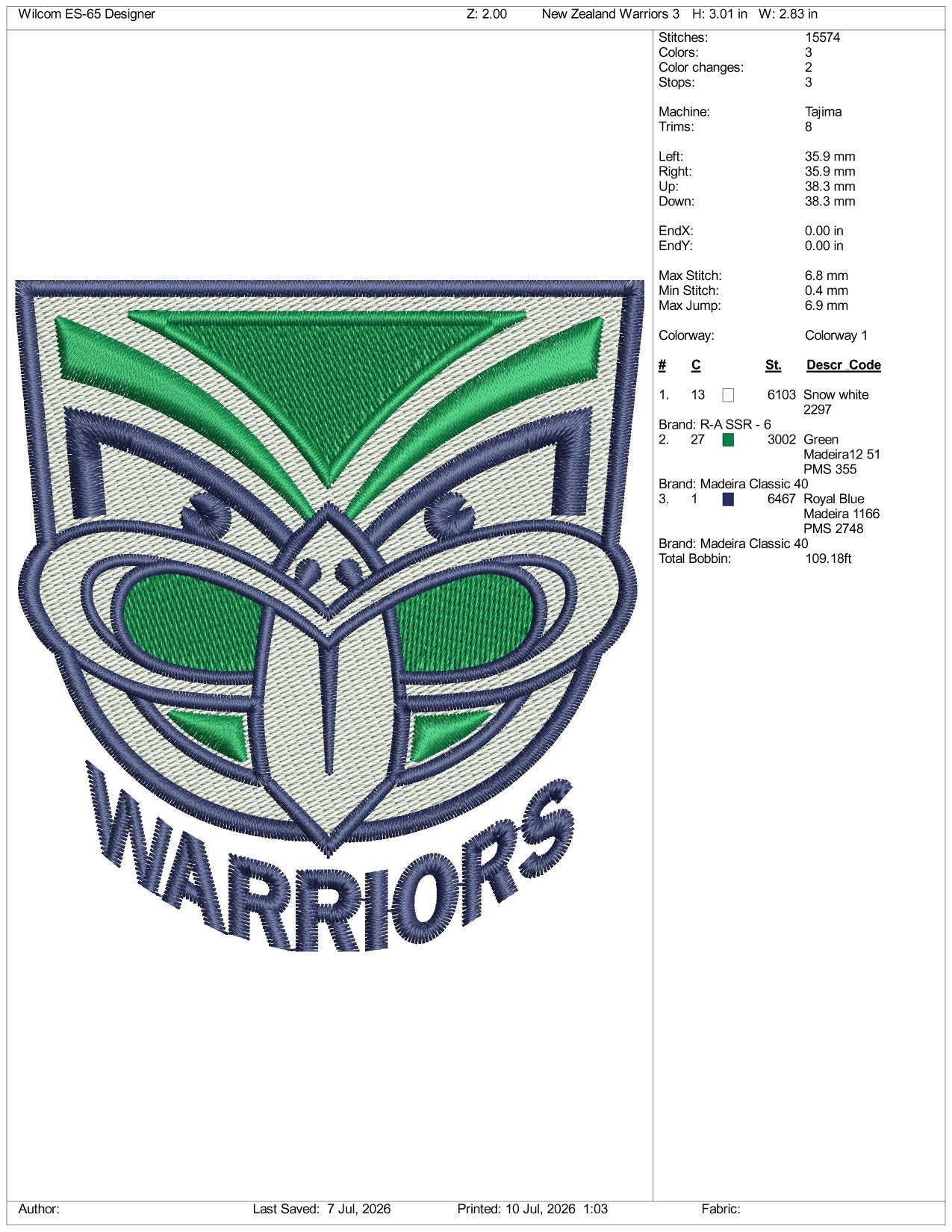 New Zealand Warriors Logo Embroidery Design Files - 3 Size's