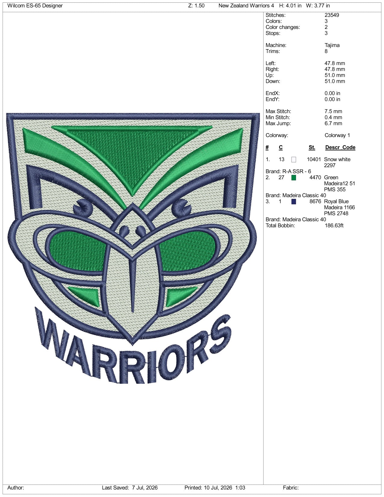 New Zealand Warriors Logo Embroidery Design Files - 3 Size's