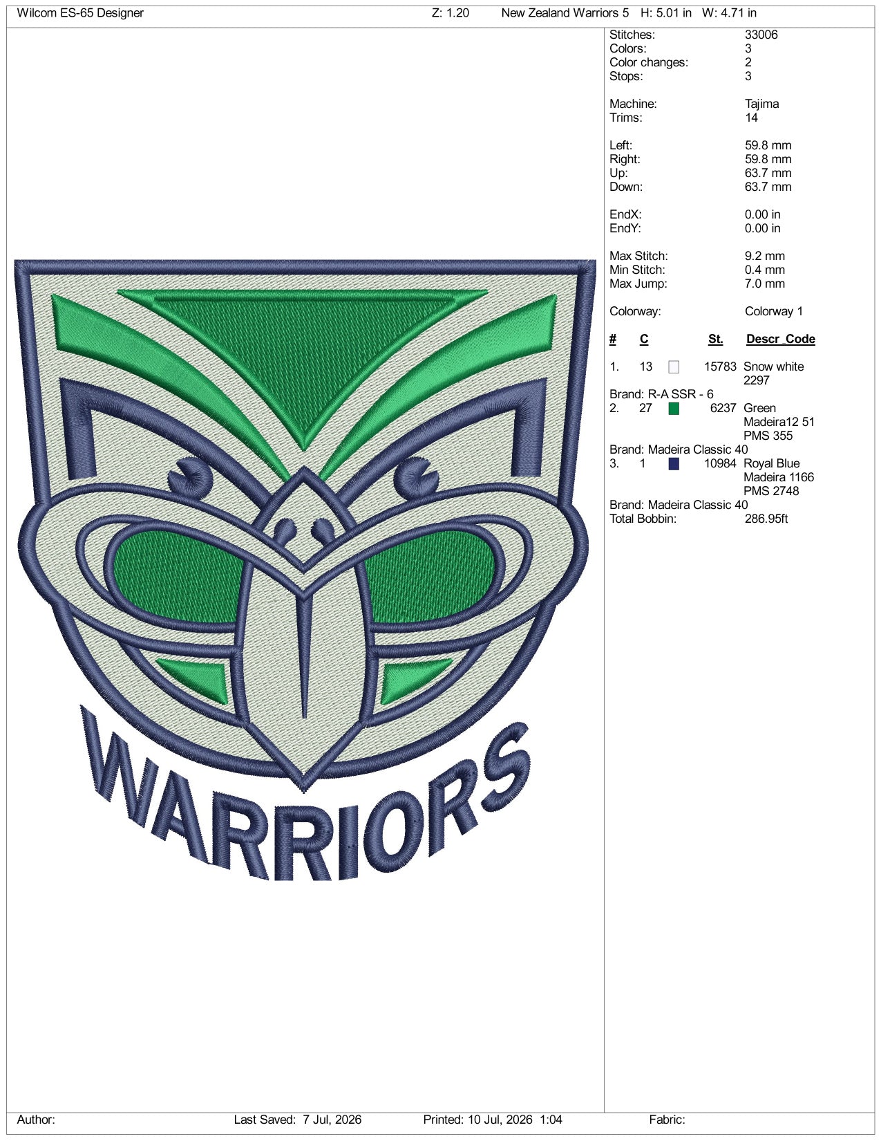 New Zealand Warriors Logo Embroidery Design Files - 3 Size's