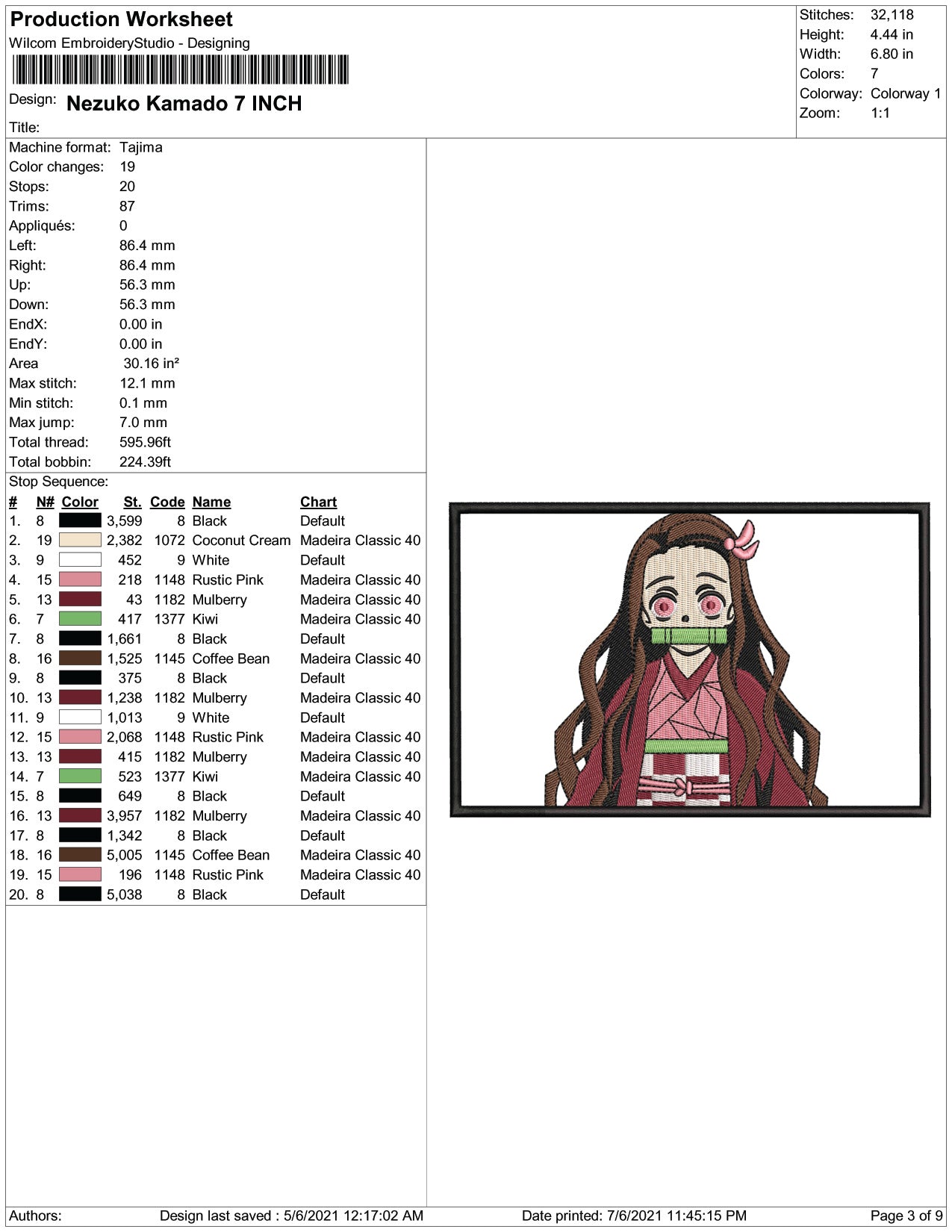 Nezuko Kamado v8 Embroidery Design Files - 4 Size's