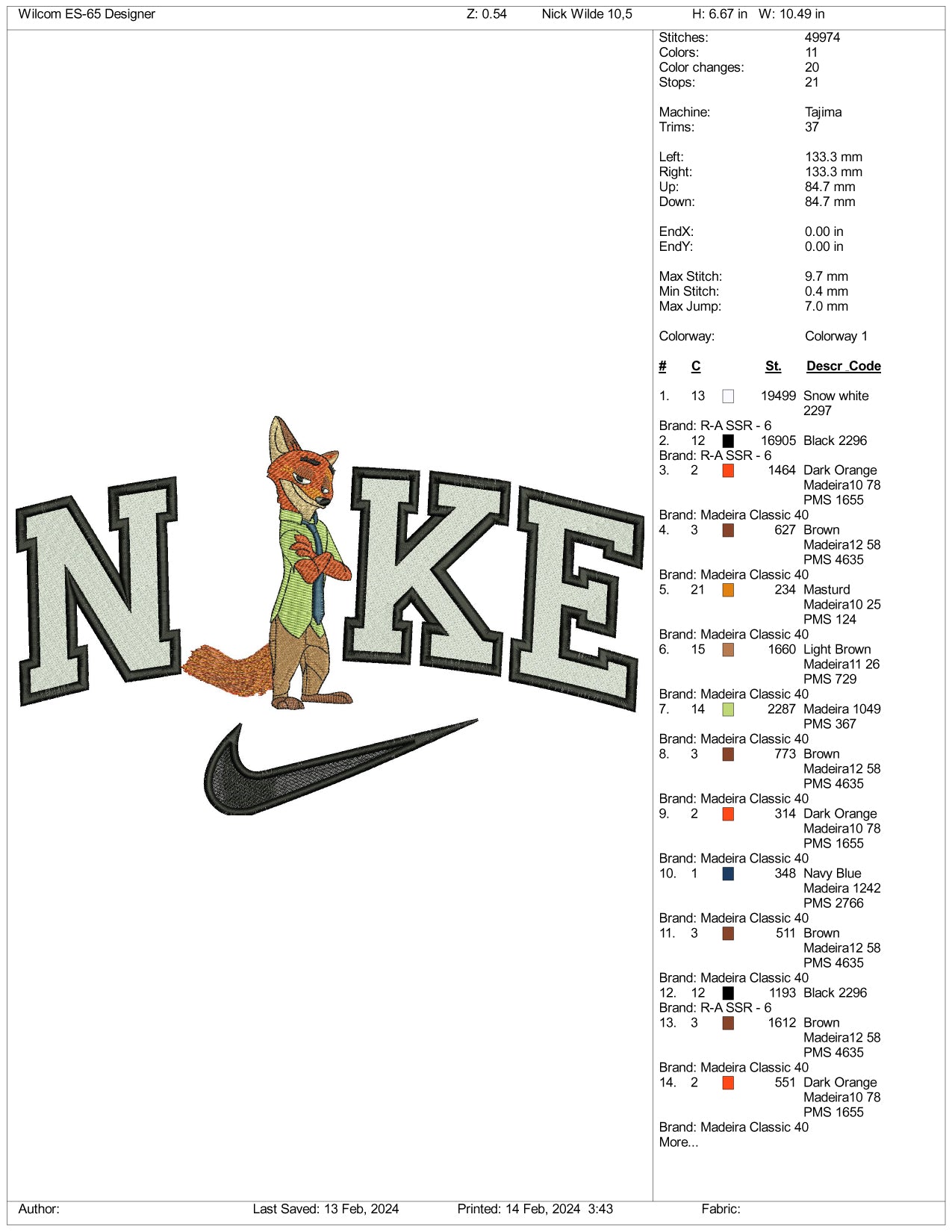 Nike Nick Wilde Embroidery Design Files - 3 Size's