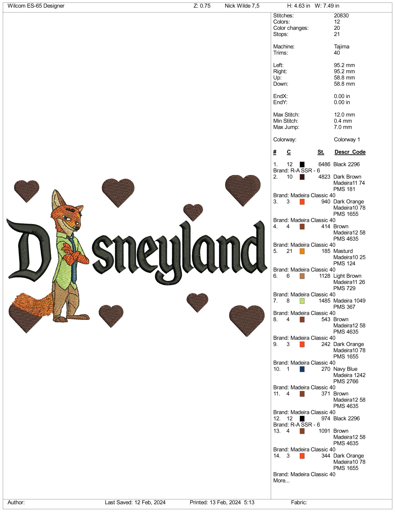 Nick Wilde Disneyland Embroidery Design Files - 3 Size's